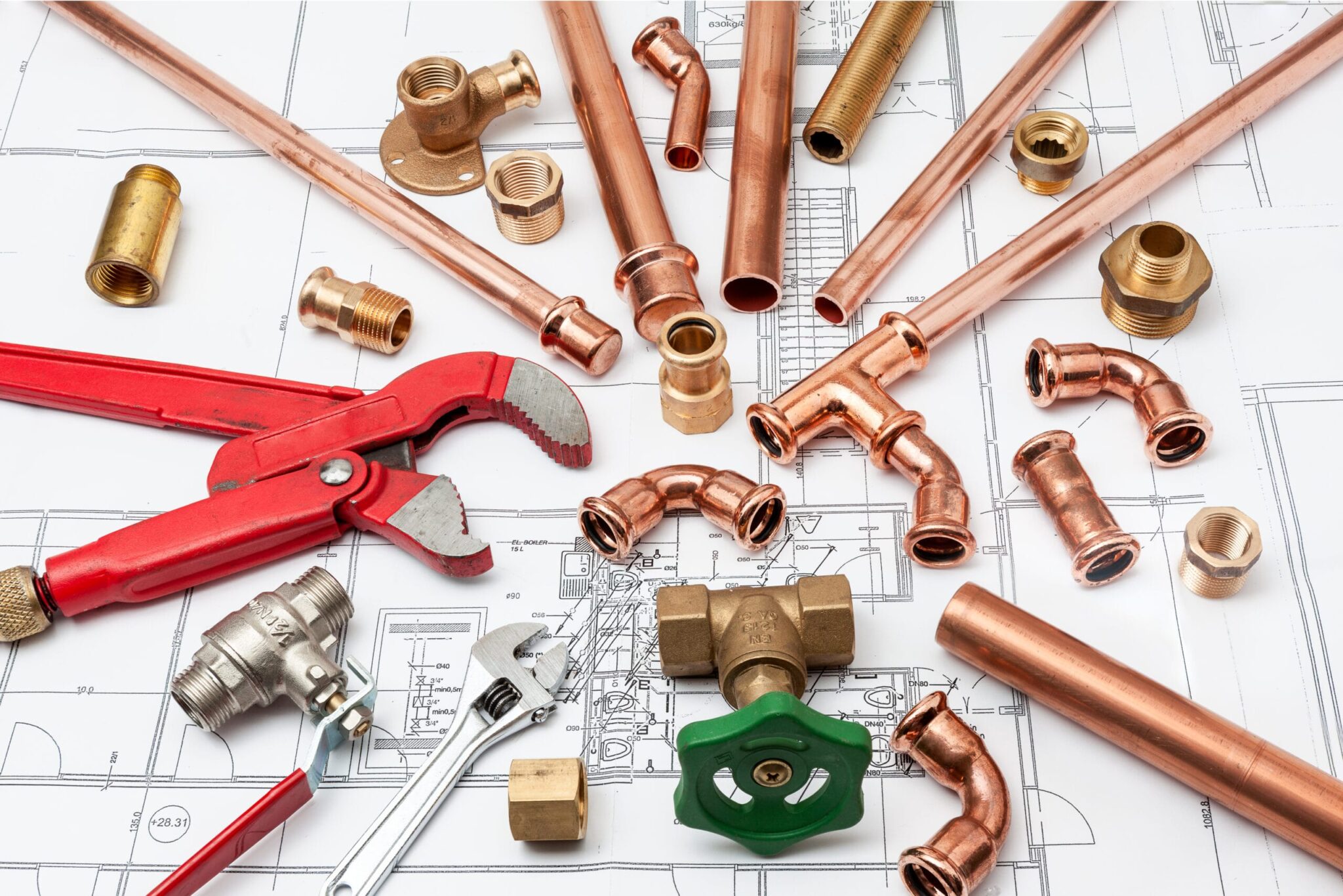 Copper pipes, fittings, valves, and plumbing tools in Gilroy