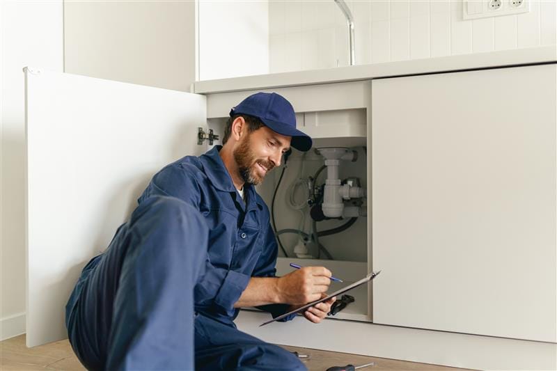 Residential plumber reviewing plumbing repairs in a Gilroy kitchen