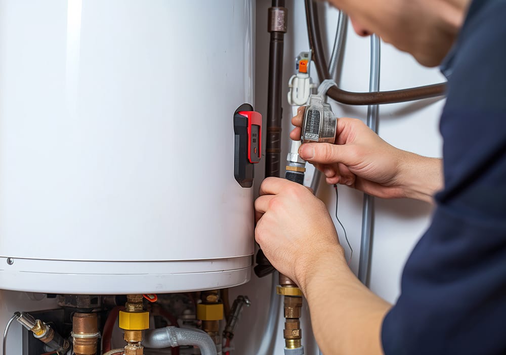 Technician repairing pipes connected to a water heater in Gilroy